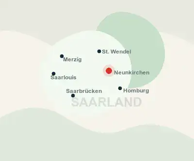 Schematische Karte des Saarlands mit dem Firmensitz in Neunkirchen-Kohlhof und dem Einsatzgebiet