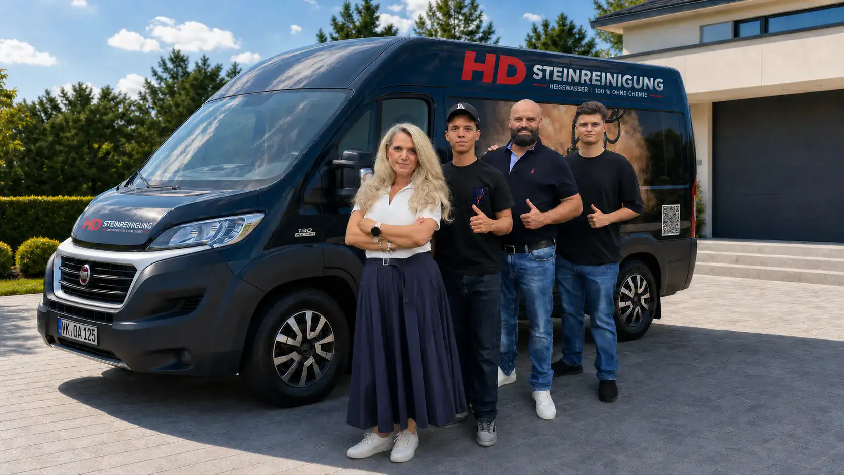 Fleur Weiss und das Team von HD-Steinreinigung vor dem Firmenfahrzeug